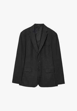Schwarzer strukturierten Blazer mit zwei Fronttaschen, Reverskragen und Knopfverschluss. Futter ist glatt und in einer kontrastierenden Farbe.