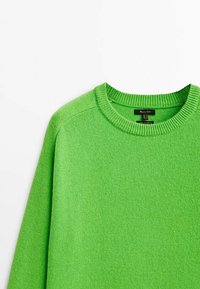 Pull vert tricoté avec un col rond. La texture est lisse avec un motif de tricot uniforme et un col côtelé. Étiquette visible à l'intérieur du col.