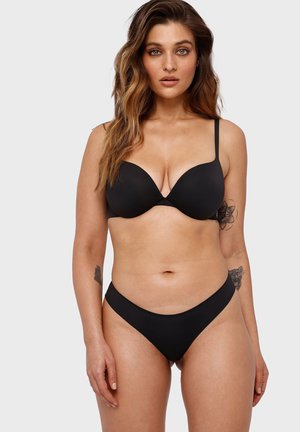 Black padded bra with adjustable straps and matching black bikini briefs. Smooth texture with a simple, seamless design.