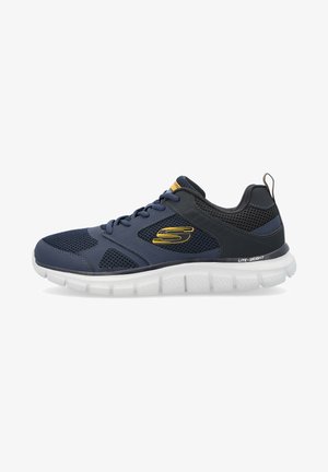Navy blue athletic shoe with mesh upper, white lightweight sole, gold accents, laces, and logo on the side. Features padded collar and tongue.