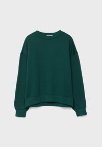 Sweat-shirt vert foncé à manches longues et col ras du cou, avec poignets et ourlet côtelés, présenté sur un fond gris clair.