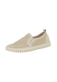 Scarpe slip-on beige con design perforato, suola in gomma, tomaia testurizzata e pannelli laterali elasticizzati per una facile calzata. Accentuate da una linguetta sul retro.