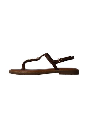 Brown flat sandal with ankle strap, toe post, and decorative chain detail along the strap.