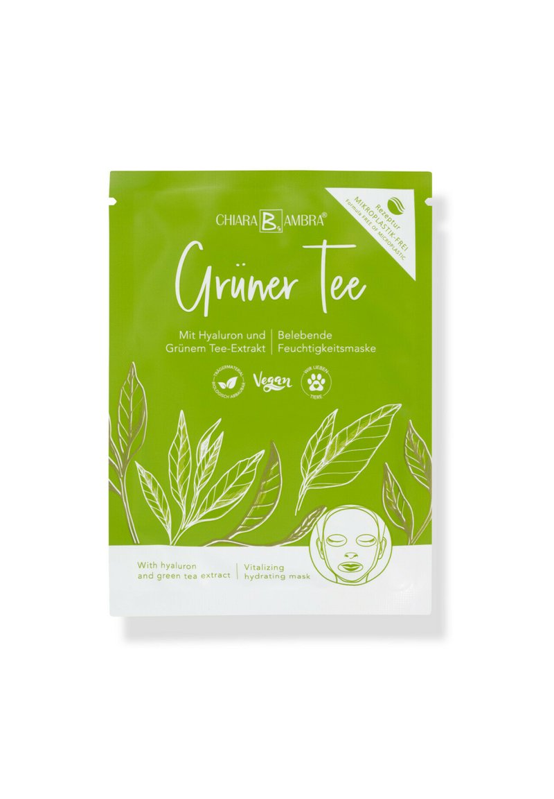 Green packaging for a hydrating mask featuring an illustration of a face and green tea leaves. Text in white highlights ingredients and vegan status.