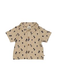 Camicia beige a maniche corte con motivo di palme navy, colletto e bottoni in legno. Il tessuto ha una finitura testurizzata.