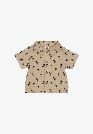 Beige overhemd met korte mouwen, versierd met een marineblauw palmboompatroon, kraag en houten knopen. De stof heeft een gestructureerde afwerking.