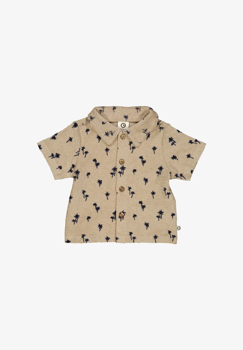 Béžová košile s krátkým rukávem a námořnickým vzorem palmových stromů, s límečkem a dřevěnými knoflíky. Tkanina má strukturovaný povrch.