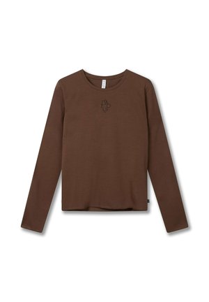 Camicia marrone a maniche lunghe con scollo rotondo e piccolo logo nero sul davanti. Texture morbida e liscia, vestibilità comoda, design semplice.