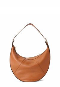 Hobo taske lavet af struktureret brunt læder med en buet form, der har en enkelt strop og en guldfarvet lynlås som accent.