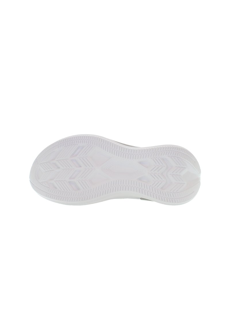 Semelle en caoutchouc blanche avec surface texturée, présentant des motifs en zigzag et angulaires pour une adhérence et une stabilité. Bords lisses et design de bout arrondi.