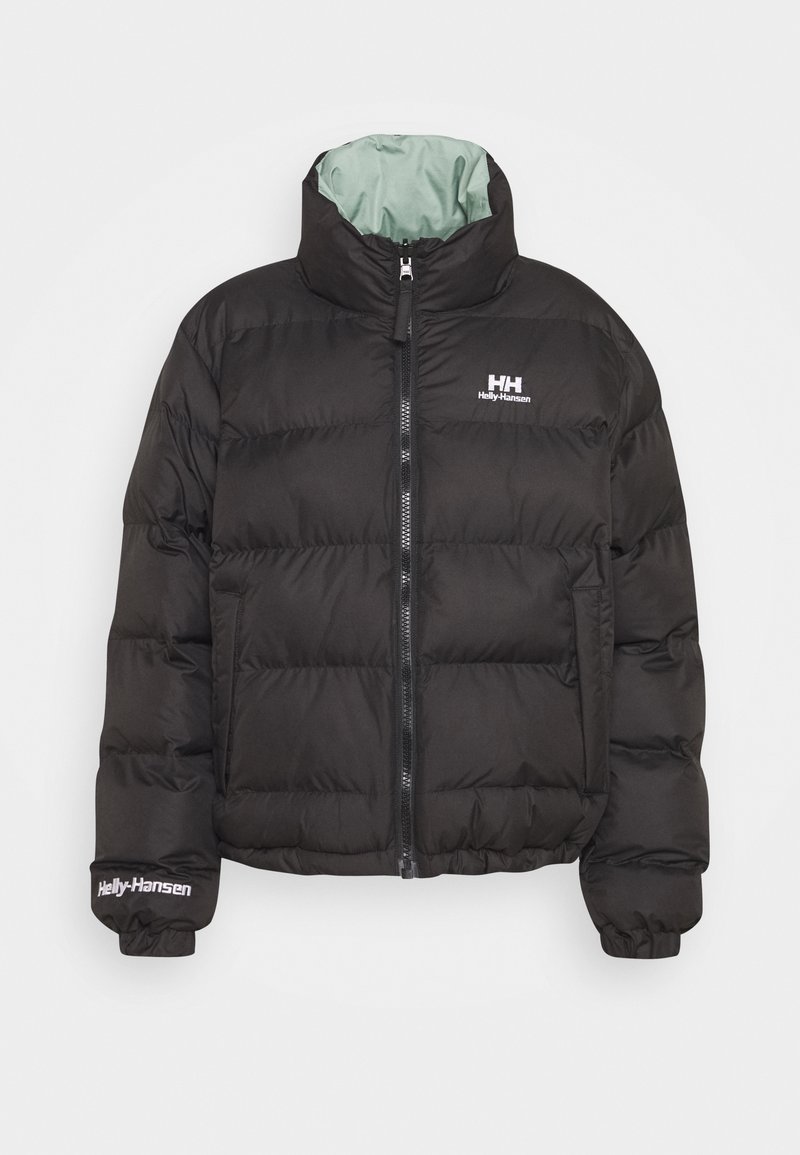 Veste doudoune noire Helly Hansen avec fermeture éclair frontale, col haut, poignets élastiques et doublure intérieure vert clair.