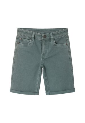 Green denim shorts with rolled cuffs, front button, zip fly, and five-pocket design.