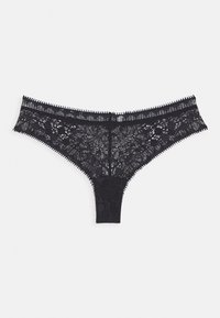 Schwarzer Spitzenstring mit floralem Muster, gewelltem Saum und semi-transparentem Textil. Entworfen mit einem schmalen Bündchen und minimaler Abdeckung.