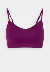 Bralette roxa feito de tecido macio com uma textura suave. Apresenta alças finas ajustáveis e um design de decote simples.