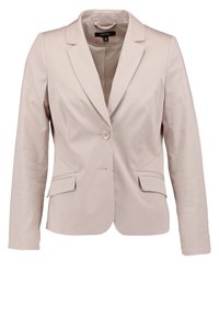 Veste beige clair pour femme avec manches longues, revers en encoche, fermeture à un bouton et deux poches avant à rabat, présentée sur fond blanc.