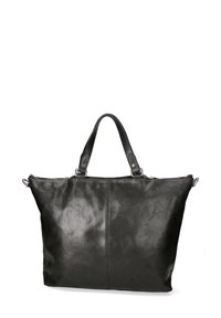 Borsa a tote nera in pelle con texture liscia, chiusura con zip, doppi manici e dettaglio di cucitura centrale. Design funzionale e spazioso.