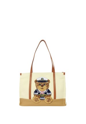 Borsa a tracolla beige con manici marroni, raffigurante un orsetto in tenuta da marinaio e la scritta "BUE MADAM PARIS" sul davanti.