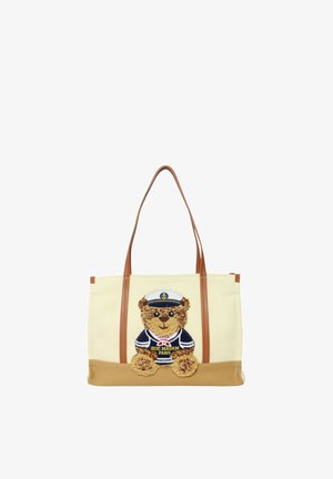 Borsa a tracolla beige con manici marroni, raffigurante un orsetto in tenuta da marinaio e la scritta "BUE MADAM PARIS" sul davanti.