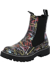 Czarne botki za kostkę z wielokolorowymi wzorami przypominającymi graffiti, elastycznymi panelami bocznymi i masywną gumową podeszwą z dekoracyjnym przeszyciem.
