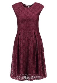 Vestido burdeos de encaje con mangas cortas, patrón de ondas, corpiño ajustado, falda acampanada, largo hasta la rodilla y acabado texturizado.