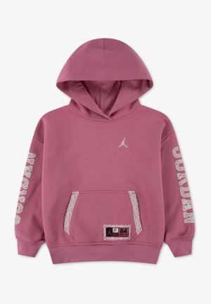 Sweat à capuche mauve avec poche avant bordée de dentelle, texte blanc "Jordan" sur les manches, petit logo Jumpman sur la poitrine et écusson près de la poche.
