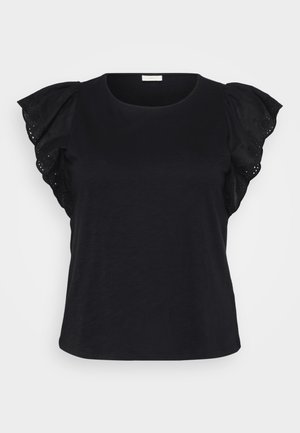 Črna kratkotrajna majica s podrobnimi nabrano rokavi z očesnimi vezeninami, ki ponuja moderen in eleganten videz.