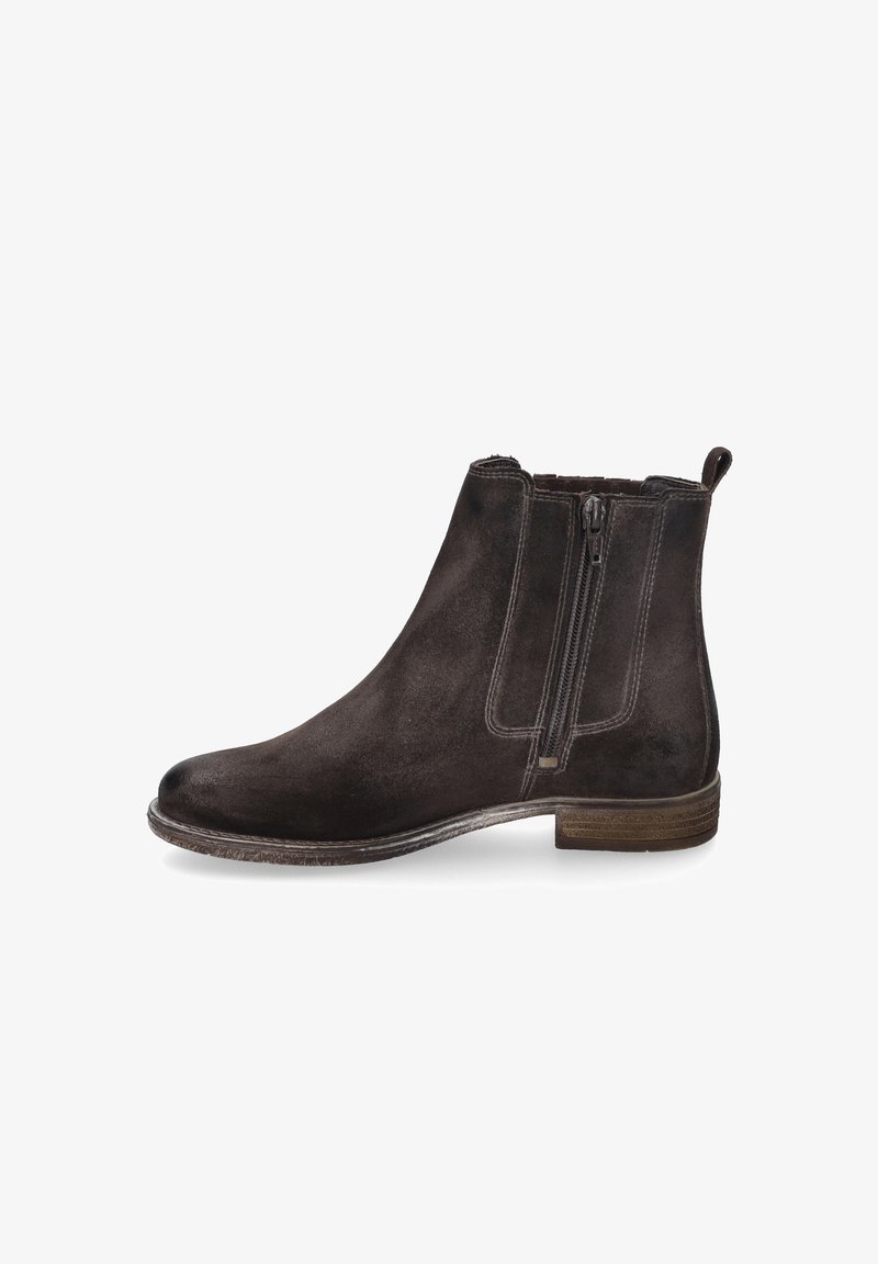 Braune Wildleder-Stiefelknöchel mit seitlichen Reißverschlüssen, rundem Zeh, niedrigem Absatz, kontrastierender Naht und Zugschlaufe auf der Rückseite.