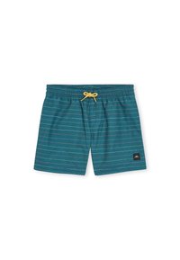 Pantaloni da bagno turchesi con cordino giallo, caratterizzati da strisce orizzontali in vari colori e un piccolo logo del marchio sul lato sinistro.