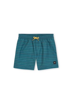 Pantaloni da bagno turchesi con cordino giallo, caratterizzati da strisce orizzontali in vari colori e un piccolo logo del marchio sul lato sinistro.
