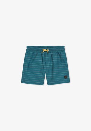 Pantaloni da bagno turchesi con cordino giallo, caratterizzati da strisce orizzontali in vari colori e un piccolo logo del marchio sul lato sinistro.