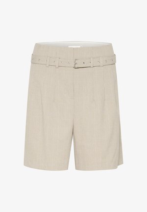 Beige kockás sort széles derékkal és hozzá illő övvel. Az anyag textúrázott mintázata jellegzetes kockás vonalakkal rendelkezik.