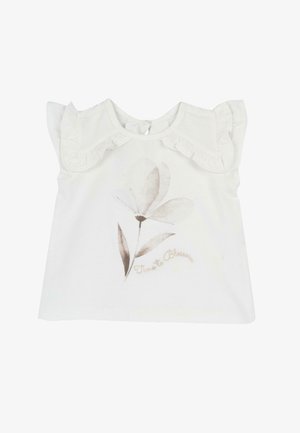 Hvid top med korte ærmer og flæser på skuldrene, med et blomstermønster i beige og teksten "Time to Blossom" nedenunder. Blødt bomuldstof.