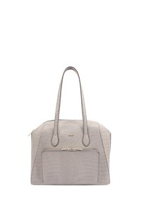 Grijze handtas met krokodillenpatroon, uitgerust met dubbele handvaten, een ritscompartiment en gouden accenten; gestructureerde vorm en textuurdetails.