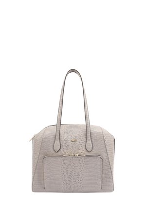 Grijze handtas met krokodillenpatroon, uitgerust met dubbele handvaten, een ritscompartiment en gouden accenten; gestructureerde vorm en textuurdetails.