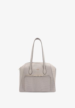 Grijze handtas met krokodillenpatroon, uitgerust met dubbele handvaten, een ritscompartiment en gouden accenten; gestructureerde vorm en textuurdetails.