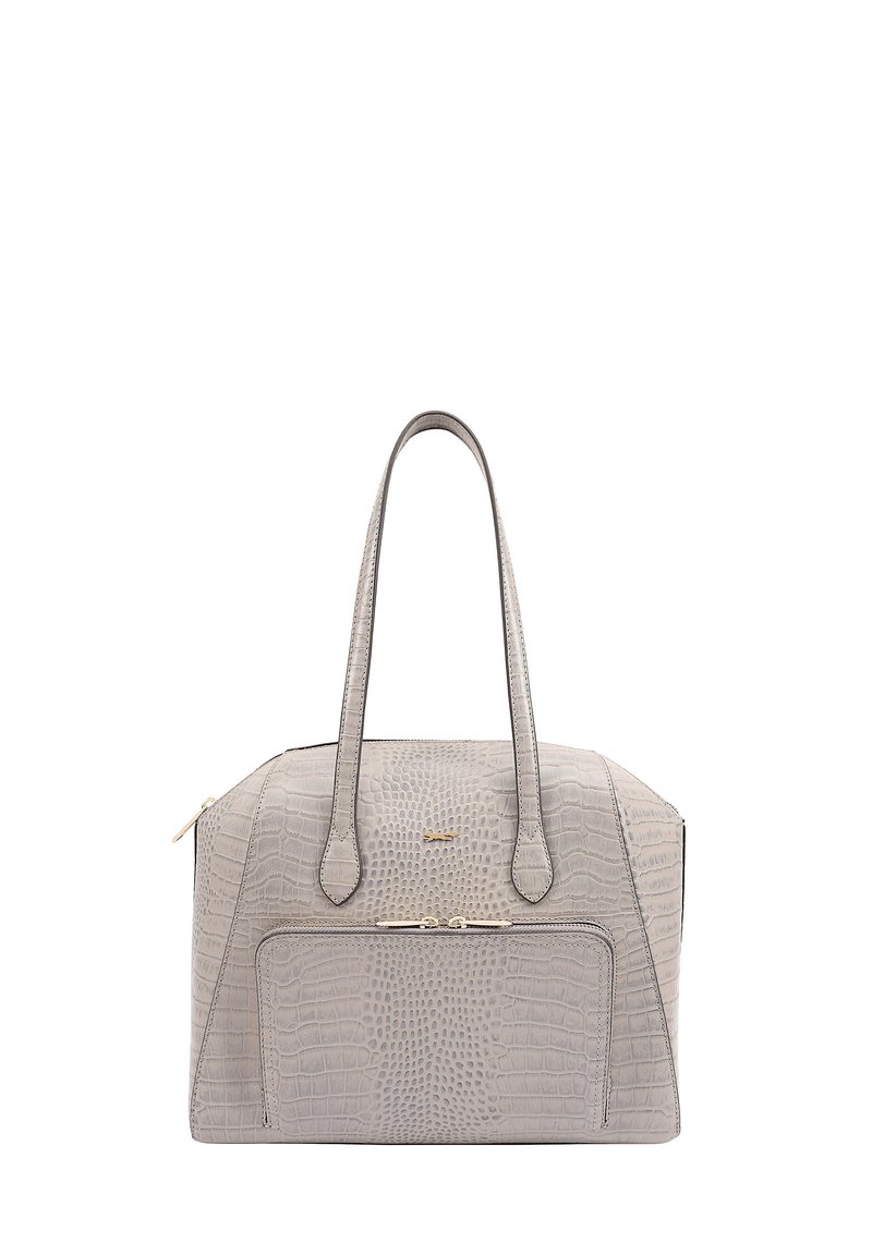 Grijze handtas met krokodillenpatroon, uitgerust met dubbele handvaten, een ritscompartiment en gouden accenten; gestructureerde vorm en textuurdetails.