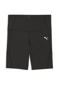 Μαύρο αθλητικό σορτς με ψηλή μέση, επίπεδα ράμματα και λευκό λογότυπο Puma στο δεξί μηρό, σχεδιασμένο για άσκηση ή καθημερινή χρήση.