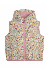 Blumenmuster-Weste in Creme mit rosa Akzenten; verfügt über einen hohen Kragen, einen Reißverschluss vorne und zwei Fronttaschen. Das Blumenmuster umfasst lebendige Farben.
