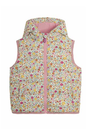 Gilet matelassé floral en crème avec des accents roses ; dotée d'un col haut, d'une fermeture éclair à l'avant et de deux poches à l'avant. Le motif floral comprend des couleurs vives.
