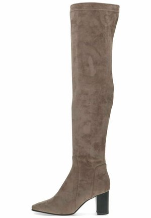 Botas altas hasta la rodilla en ante topo, con punta afilada y tacón cuadrado. El diseño incluye acentos de costura vertical.