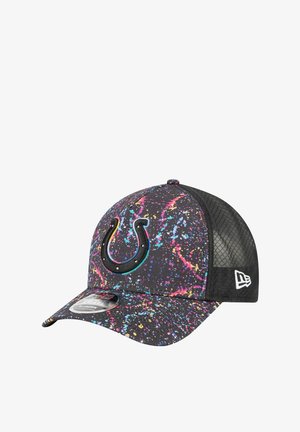 Black cap with a colorful splatter pattern, featuring a rubberized horseshoe logo, mesh sides, and a curved brim.