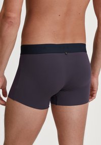 Boxer da uomo in tessuto grigio scuro uniforme. Presentano una cintura elasticizzata blu navy a contrasto con logo in rilievo e taglio corto. Texture liscia.