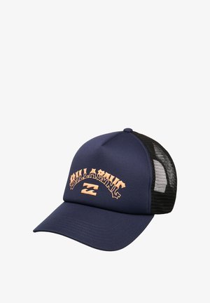 Casquette trucker en maille bleu marine et noire avec logo "Billabong" stylisé orange sur le panneau avant.
