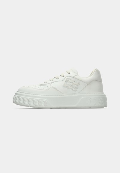 White sneaker with a smooth leather upper, round toe, padded collar, lace-up front, and textured outsole with a chain pattern.