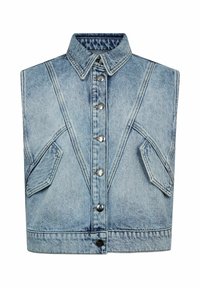 Denim vest in light blue with a structured collar, silver snap buttons, and dual front pockets featuring a geometric panel design.