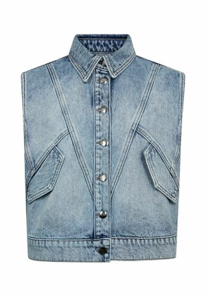 Denim vest in light blue with a structured collar, silver snap buttons, and dual front pockets featuring a geometric panel design.