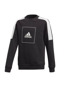 Felpa nera in cotone con collo rotondo, caratterizzata da un logo bianco adidas all'interno di un quadrato e tre strisce bianche sulle spalle.