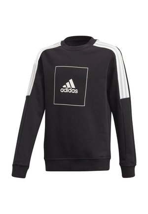 Felpa nera in cotone con collo rotondo, caratterizzata da un logo bianco adidas all'interno di un quadrato e tre strisce bianche sulle spalle.
