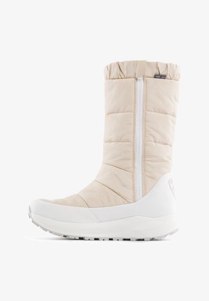 Stivale beige isolato fino al ginocchio con una cerniera bianca, texture imbottita, sole in gomma e punta arrotondata. Presenta una parte superiore arricciata per una migliore vestibilità.