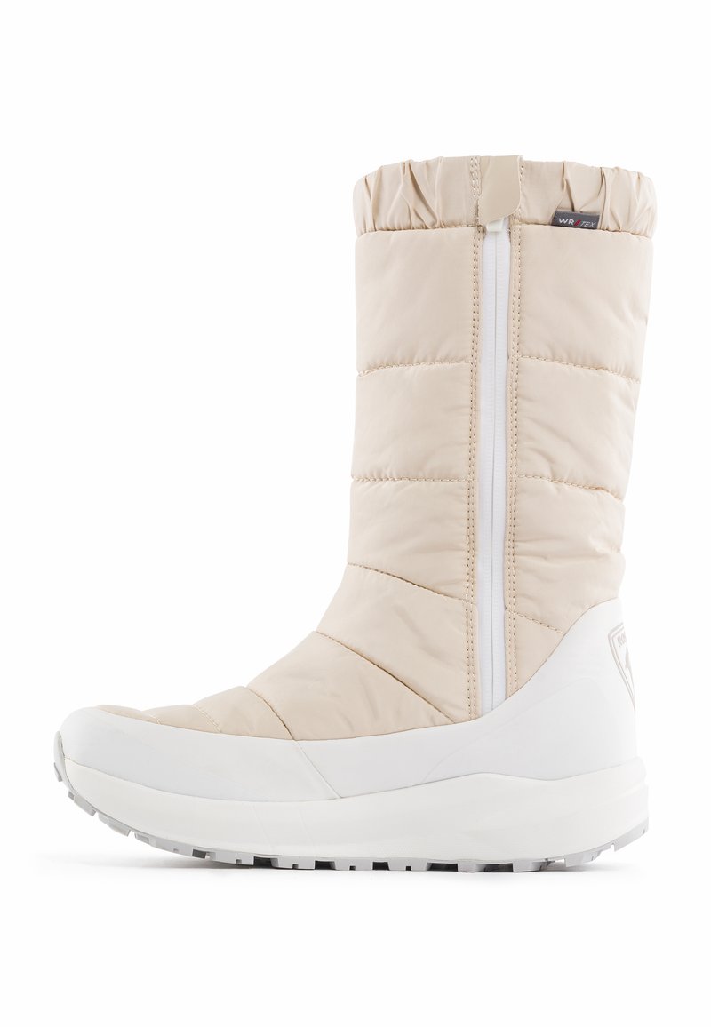 Beige geïsoleerde kniehoge laars met een witte rits, gewatteerde textuur, rubberen zool en een ronde neus. Heeft bovenaan een plooitop voor de pasvorm.